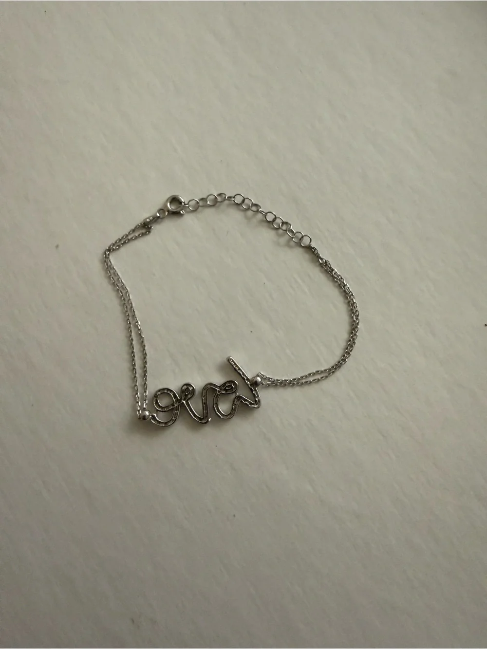 Sterling Silver 925 Italy Pavé CZ Script Love Double Chain Bracelet